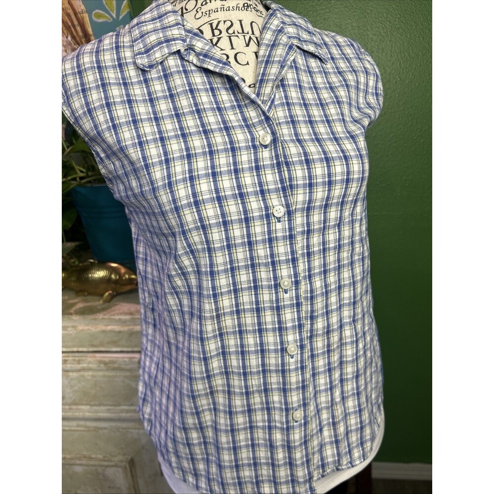 Vtg Eddie Bauer Button Down Sleeveless Plaid Blouse 100% Cotton Large